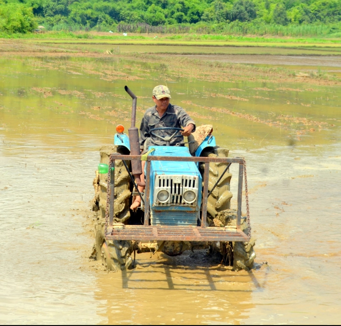 Người dân xã Đăng Hà cơ giới hóa sản xuất lúa. Ảnh: Trần Trung.