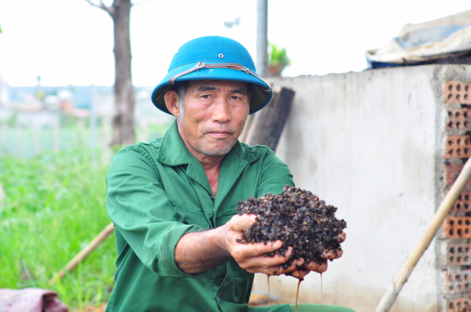 Để giảm chi phí đầu vào, gia đình ông Bạch Văn Pha tự ủ phân hữu cơ để bón cho cà phê. Ảnh: Minh Hậu.